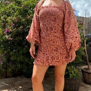 Free People Rose-Toned Smocked Floral Mini Dress